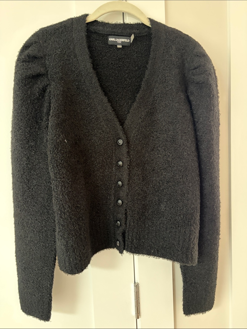 Karl Lagerfeld Black Fuzzy V-Neck Button Cardigan
